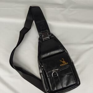 WEIXIER Black Sling Bag Chest Pack Crossbody Faux Leather Travel Daypack